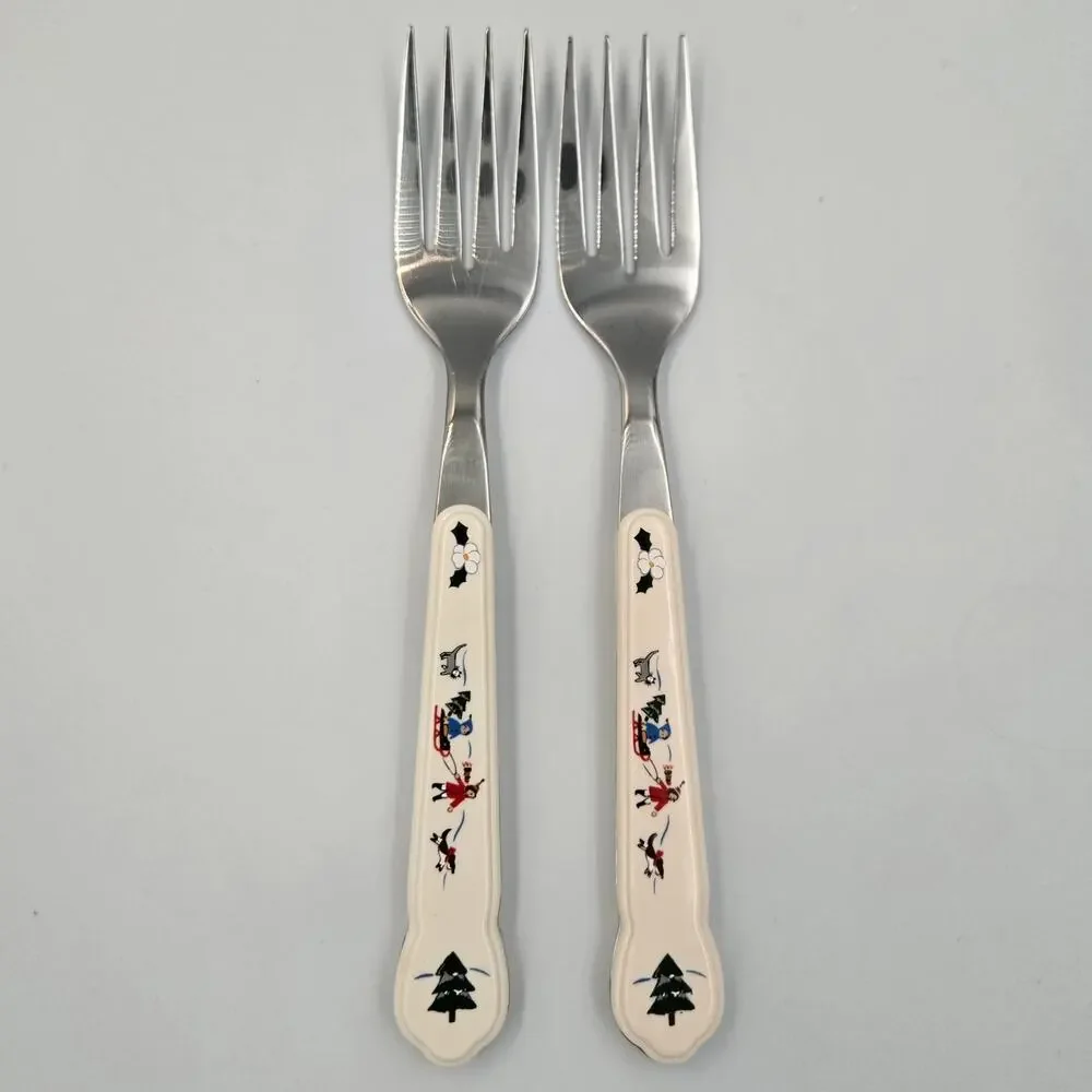 Two Pfaltzgraff Snow Village Stainless Steel Salad Fork Replacements